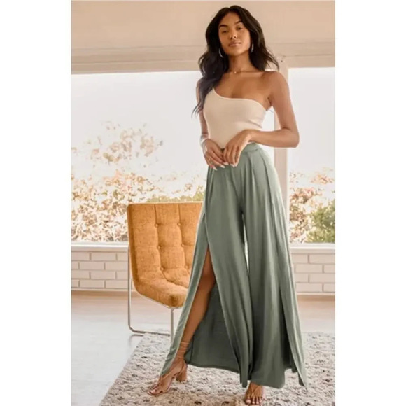 Lulus Knockout Sage High Slit Pant - Picture 1 of 7